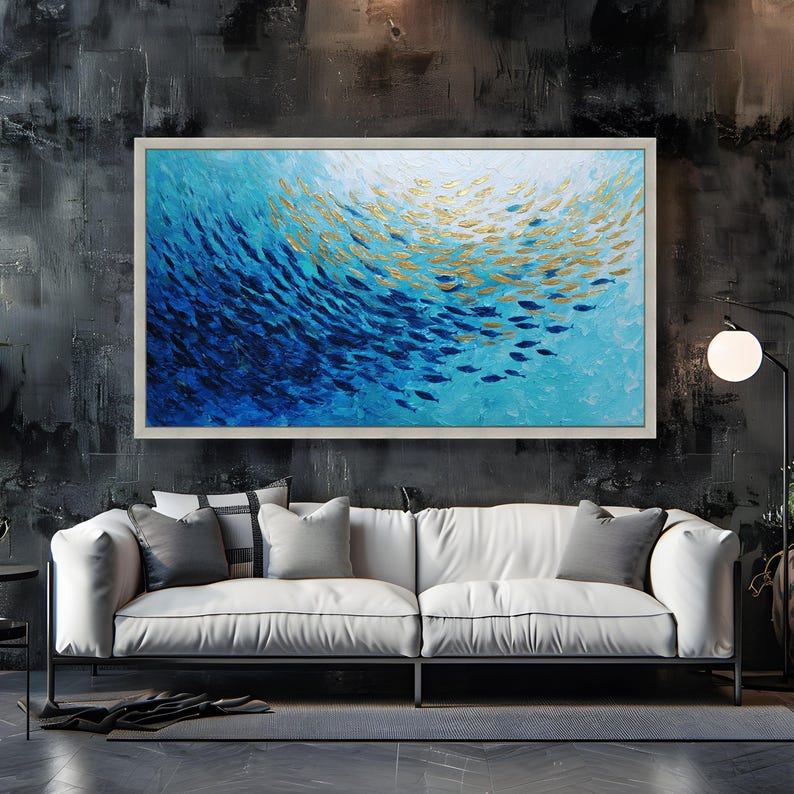 Abstract School of Fish Canvas Wall Art, Blue Ocean Marine Life Canvas ...