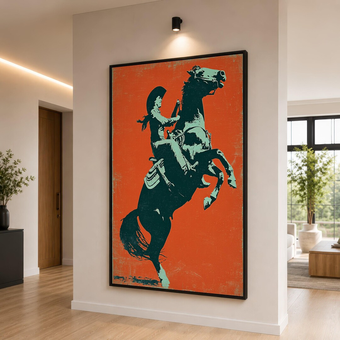 Western Cowboy Rider on Rearing Horse Canvas, Rustic Cowboy Wall Art ...