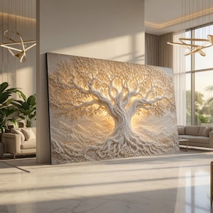 May include: A large rectangular wall art piece featuring a three-dimensional relief of a sprawling tree with intricate roots and branches. The artwork is rendered in shades of cream and beige, with integrated warm lighting illuminating the tree canopy.