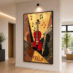 Op de afbeelding: Een abstract schilderij in een zwarte lijst met een rode viool als centraal punt, met een bruine cello en een zwarte fagot aan weerszijden. Muzieknoten en de woorden "Viool", "Cello", "Fagot" en "Fluit" zijn ook zichtbaar.