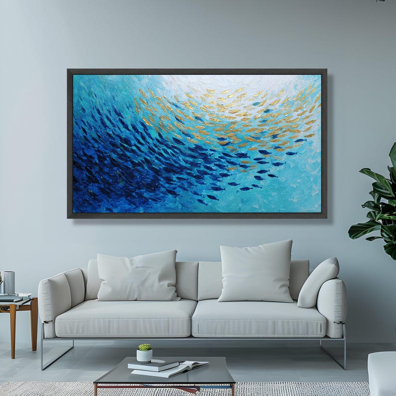 Abstract School of Fish Canvas Wall Art, Blue Ocean Marine Life Canvas ...