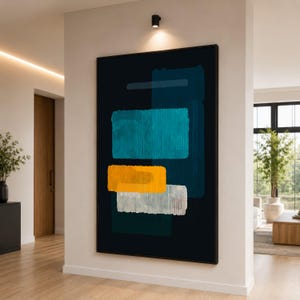 Modern abstrakt färgblockscanvas, blå orange rektanglar väggkonst, geometrisk heminredning, modern canvastavla, minimalistiskt konstverk