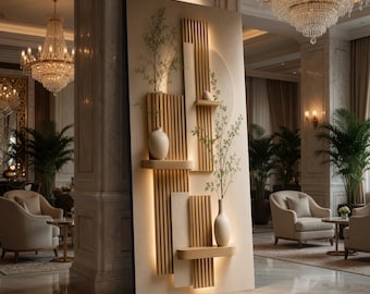 May include: A large, rectangular wall-mounted display featuring vertical wooden slats, integrated warm lighting, and three small shelves. Two off-white ceramic vases hold delicate green branches, while a small, smooth stone sits on the top shelf.