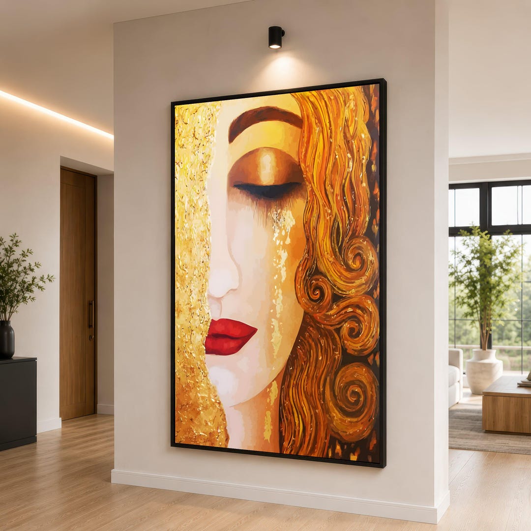 Golden Woman Face Canvas, Abstract Portrait Wall Art, Red Lips and ...