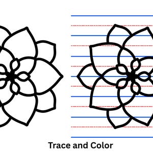 May include: Black outline of a flower-like shape, with a similar image on lined paper. The text "Trace and Color" is below the images. The image is designed for coloring and tracing activities.