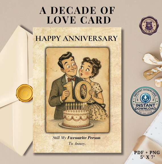 10th Wedding Anniversary Card | 10 Jahre Hochzeitstag Karte | A Decade Of Love | Vintage Anniversary Gift