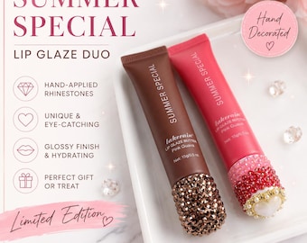 Duo di lucidalabbra con strass decorati a mano, lucidalabbra al burro di caffè ghiacciato e guava rosa