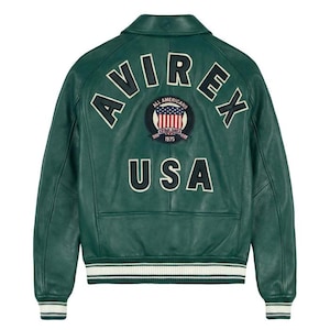 Avirex Grön Läder Varsity Bomberjacka Handgjord – Avirex USA-inspirerad Streetwear bild 1