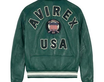 Giacca bomber college in pelle verde Avirex, realizzata a mano – Streetwear ispirato agli Stati Uniti e al marchio Avirex.