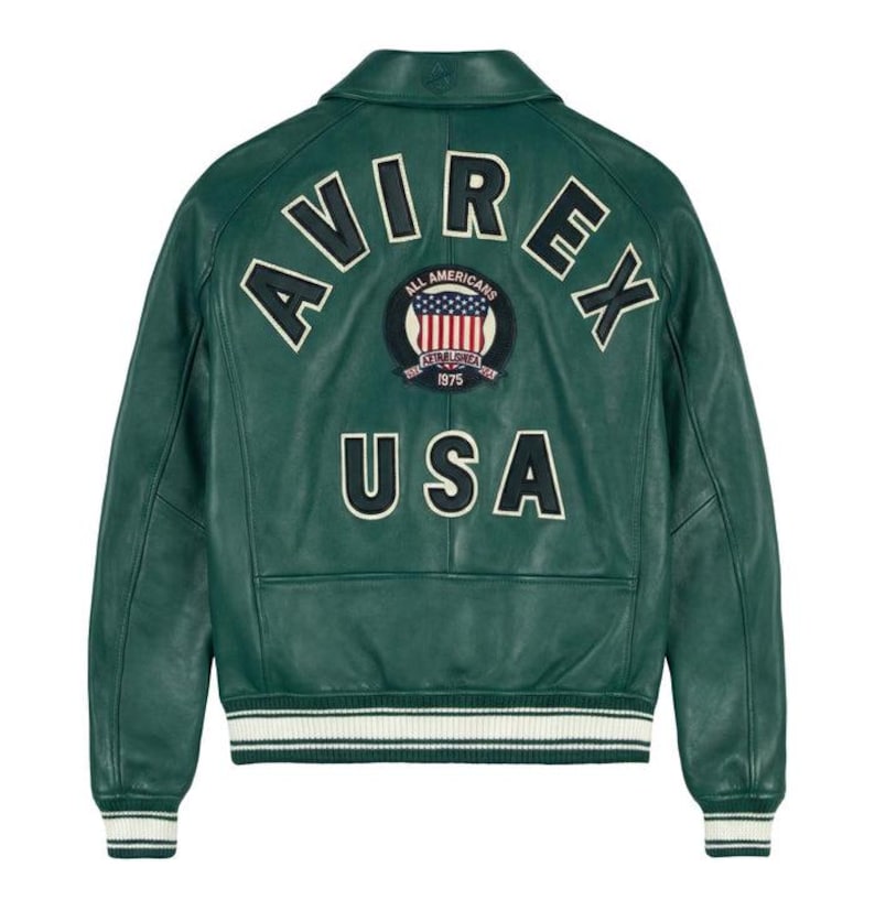 Avirex Grön Läder Varsity Bomberjacka Handgjord – Avirex USA-inspirerad Streetwear bild 1