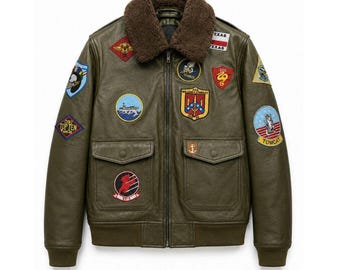 Giacca da uomo in vera pelle di vacchetta stile pilota da crociera Maverick T-G - Giacca in pelle Pete Maverick Tom Cruise con toppe ricamate