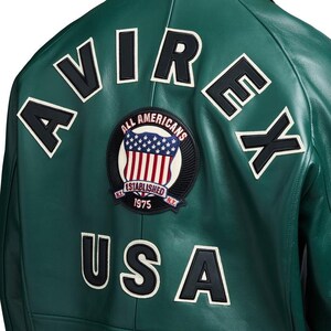 Avirex Grön Läder Varsity Bomberjacka Handgjord – Avirex USA-inspirerad Streetwear bild 4