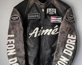 Giacca da motociclista in pelle Aime Leon Dore Vanson: giacca da corsa ricamata da uomo