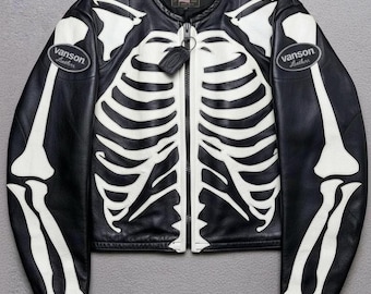 Giacca da motociclista in pelle Vanson Skeleton, giacca da motociclista gotica con teschio – Cappotto da Halloween in stile punk rock streetwear