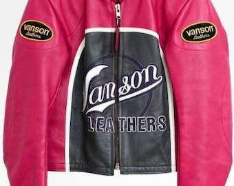 Giacca da motociclista Vanson Performance in vera pelle bovina, rosa, stile racing, cappotto da moto di tendenza