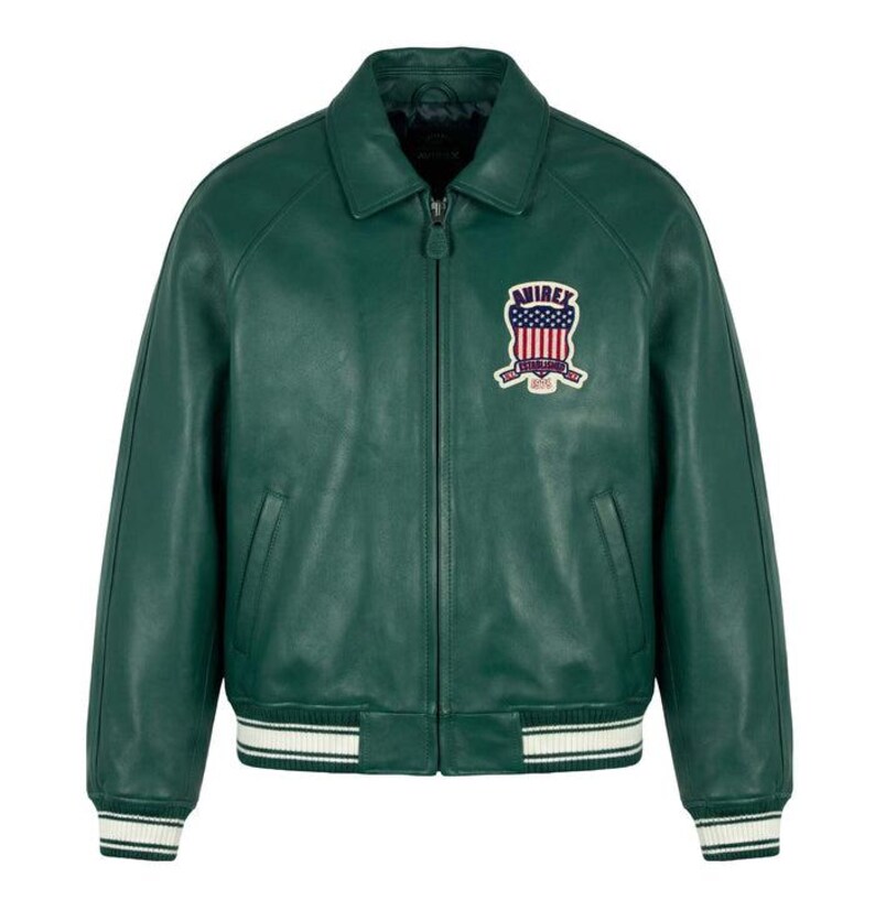 Avirex Grön Läder Varsity Bomberjacka Handgjord – Avirex USA-inspirerad Streetwear bild 2