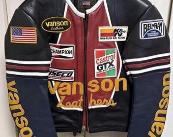 Giacca da corsa in pelle Vanson, giacca Cafe Racer con toppe ricamate