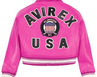 Avirex beskuren Icon rosa läderbomberjacka – Handgjord – Avirex USA-inspirerad streetwear