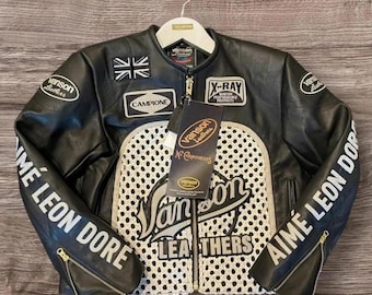 Giacca da motociclista in pelle Aime Leon Dore Vanson: giacca da moto streetwear Cafe Racer in vera pelle bovina
