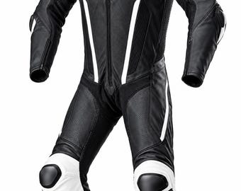 Schwarzer und weißer Motorradrennanzug aus Leder – Rennstreckenausrüstung