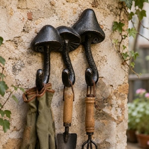 May include: Three black mushroom-shaped hooks fixed to a stone wall. The hooks are supporting a pair of green gardening gloves, a small trowel, and a hand rake. The hooks are metal with a rustic finish, ideal for a garden.