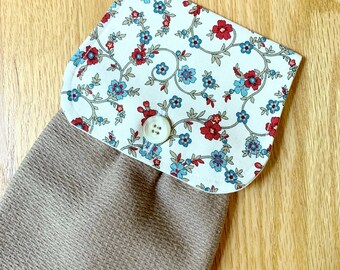 Hanging Kitchen Towel - Blue Red Brown Floral Taupe/ Brown Cotton Terry Cloth Towel Button Closure