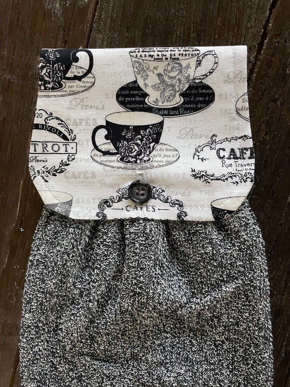 Hanging Kitchen Towel -Tea/Coffee Cups. Black and White. Heather  Black/White Terry Cloth Towel Button Closure