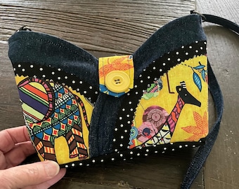 Denim Mini Cross Body Purse  Elephant and Giraffe Fabric Polka Dots