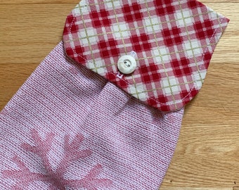 Hanging Kitchen Towel - Christmas Plaid Red Cream Gold  Holiday  Fabric Red and White Smooth/ Terry Cloth Towel Button Closure