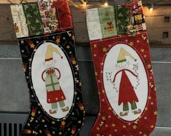 Holiday Stocking - Christmas Elves Stockings  Black or Red