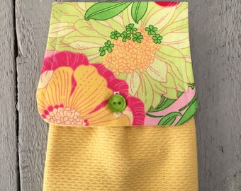 Hanging Kitchen Towel - Floral Flowers Hawaiian Pink Yellow Green Terry Cloth Towel Button Closure