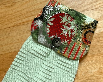 Hanging Kitchen Towel - Christmas Print Ornaments Holiday  Fabric Light GreenTerry Cloth Towel Button Closure