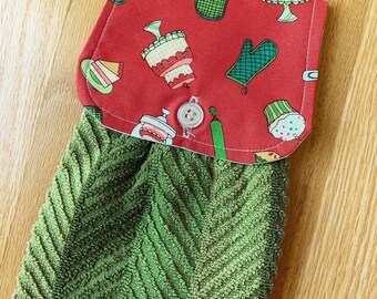 Hanging Kitchen Towel - Vintage Kitchen Print Red Fabric Top  Green Cotton  Terry Cloth Towel Button Closure