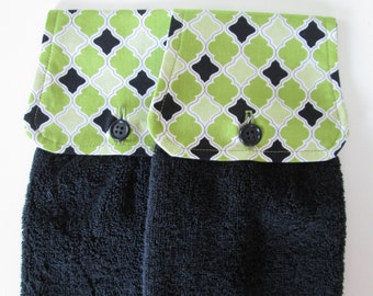 Hanging  Towel Set -Green Black  Geometric Print Fabric  Black Terry Cloth Towels Button Closure