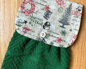 Hanging Kitchen Towel - Christmas Phrases Snowflakes Reindeer  Christmas Holiday  Fabric  Terry Cloth Towel Button Closure