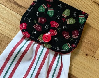 Hanging Kitchen Towel - Mittens Snowflakes  Christmas Holiday  Fabric Woven Cotton Towel Button Closure