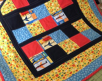 Child Quilt  Toot Toot 36" x 42".  Planes Trucks Cars Red Yellow Navy Blue Medium Blue Free Shipping