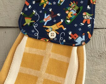 Hanging Kitchen Towel - Winter Fun Skaters Sledding Print Fabric Top Woven Cotton Towel Button Closure