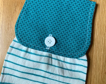 Hanging Kitchen Aqua Dark/Light Fabric Top  Aqua/White  Tea Towel Cotton Woven Towel Button Closure