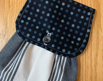 Hanging Kitchen Towel - Polka Dots in Blue   Cotton Woven Tea Towel Button Closure