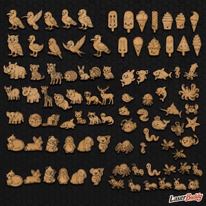 May include: A collection of laser-cut wooden shapes featuring various animals, insects, and food items with engraved details. The assortment includes birds, mammals, sea creatures, and desserts arranged on a dark background with the text LaserBuddy.
