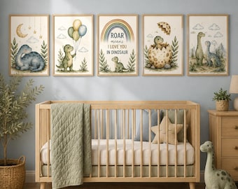 Conjunto de Arte de Parede para Quarto de Bebê com Dinossauros em Aquarela, Decoração de Quarto de Bebê com Dinossauros para Imprimir, Impressões Infantis de Dinossauros Fofos, 9 Impressões Digitais para Download