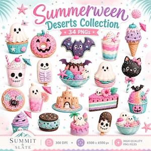 May include: A digital collection of 34 Summerween Deserts PNG files featuring cute illustrations of ghosts, skulls, and bats on cupcakes, donuts, ice cream, and sandcastles in pastel pink, blue, and purple colors with tropical and spooky accents.