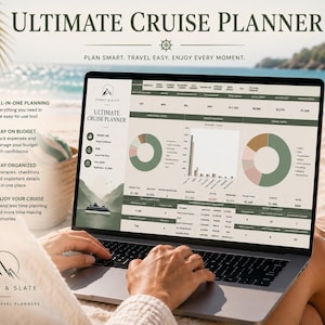 May include: A laptop displaying the "Ultimate Cruise Planner" interface is held by a person on a beach. The screen shows charts and data, with text including "Plan Smart. Travel Easy. Enjoy Every Moment." A green travel mug sits nearby.