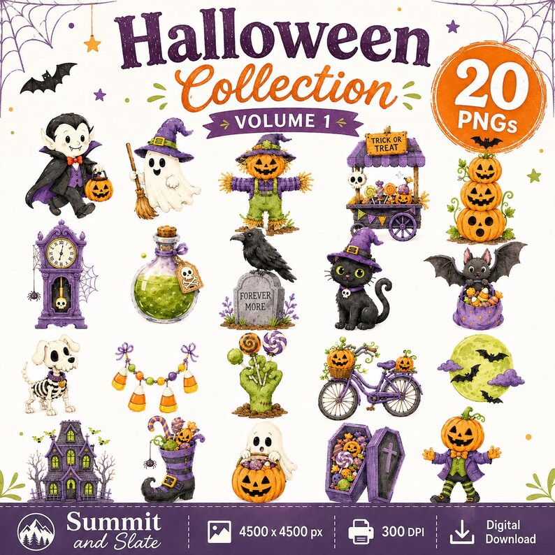 Halloween Watercolor Clipart Mega Bundle, 60 PNG Spooky Pumpkin Ghost ...