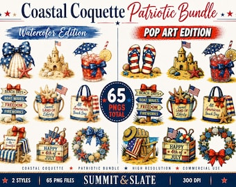 Coastal Coquette patriottische clipartbundel, 4 juli png, aquarel popart beach Americana
