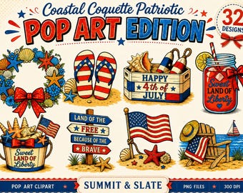 Pacote de Clipart Pop Art Patriótico "Costeira e Coquete", PNG para o 4 de Julho, Gráficos de Sublimação para o Verão Americano na Praia