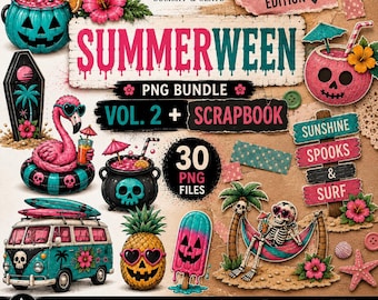 Summerween Vol 2 + Scrapbook Bundle PNG, Tropisches Halloween Clip Art, Niedliche Sommer Grafiken für Aufkleber & Kleidung