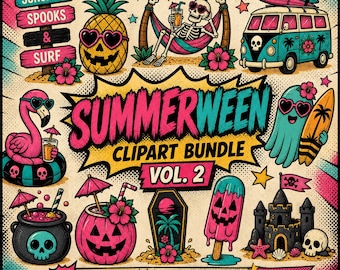 Summerween PNG Bundle Vol 2 - Pop Art Edition | Tropical Halloween Clipart | Retro Pop Art Sublimation Designs | Spooky Summer PNG Files
