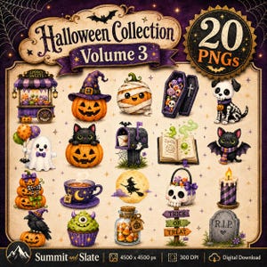 以下が含まれることがあります： ハロウィーンをテーマにした20個のPNG画像コレクション。カボチャ、幽霊、黒猫、骸骨の犬、棺桶、魔法の本、魔女、ドクロのバスケット、キャンドル、R.I.P.と書かれた墓石のイラストが含まれています。